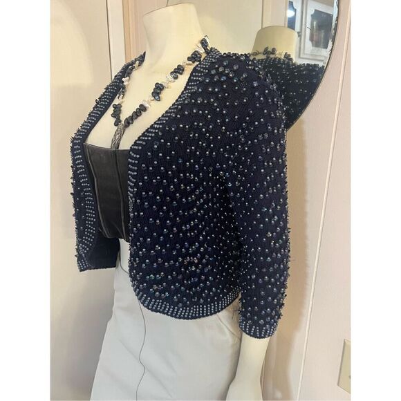 Topshop Navy Blue Fully Pearl & Sequin Beaded Open Front Cotton Cardigan 8 - Picture 2 of 7